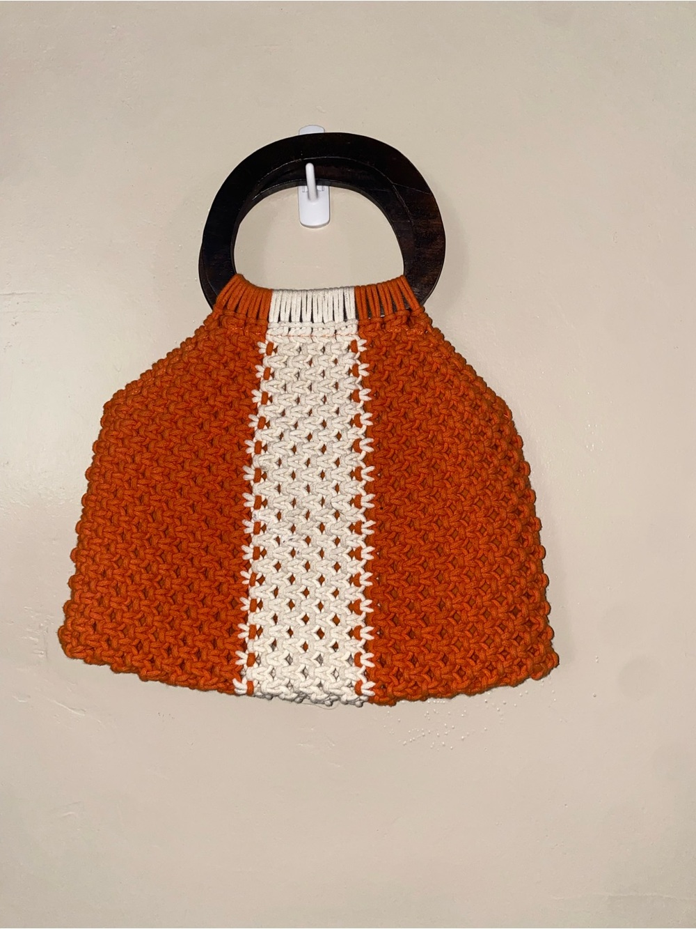 Handcrafted Orange Tote with Cream Center Stripe and Dark Wood Handles